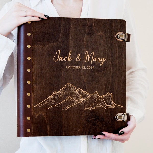 Travel Photo Album Personalized Wedding Photo Book with Self-Adhesive Sheets Mountain Lover Gift for Couple Wood Engraved Scrapbook Album