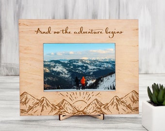 Personalized Photo Frame Gift for Travelers And So the Adventures Begin Mountain Picture Frame Engraved Frame Birthday Gift Wood Home Decor