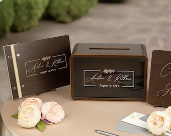 Modern Wedding Set: Personalized Card Box with Wooden Guest Book and Wedding Sign, Wedding Envelope Box, Wedding Keepsake Box and Book