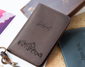 Personalized Travel Wallet, Mountains Lover Gifts, Mens Leather Wallet/Document Holder, Custom Passport Cover, Leather Gifts for Travelers