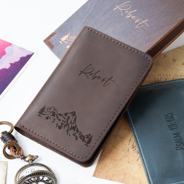 Personalized Travel Wallet, Mountains Lover Gifts, Mens Leather Wallet/Document Holder, Custom Passport Cover, Leather Gifts for Travelers