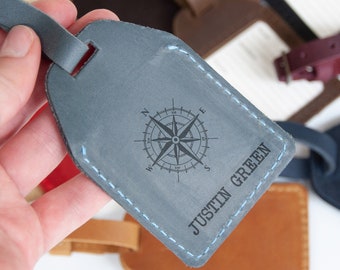 Leather Travel Tag with Compass - Personalized Travel Gifts for Him or Her - Wedding Favors - Bridal Shower Gifts - Bachelor Party Gifts