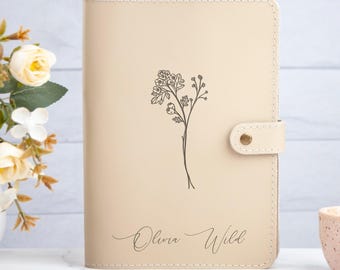 Personalized Birth Flowers Journal - Birthday Gift for Daughter, Girlfriend, Mom - Leather Journal with Name - Custom Diary for Girls