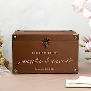 Hochzeitsumschlagbox mit Gästebuch aus Holz, rustikale Hochzeitsdekoration, kundenspezifische Kartenbox mit Schlitz und Schloss, Gästebuch mit Gravur & Schild
