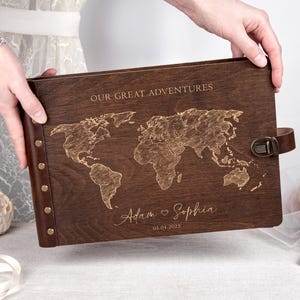 Wedding Guest Book with World Map, Custom Wooden Wedding Book, Adventure Wedding Guestbook, Personalized Wedding Wish Book for Bride & Groom