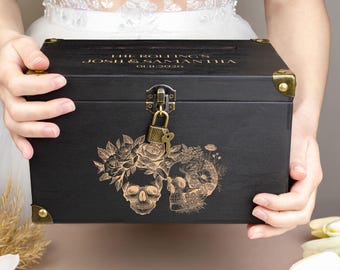 Black Wedding Envelope Box with Lock - Halloween Wedding Cards & Gifts Box - Goth Wedding Card Box - Engraved Wooden Couple Money Box