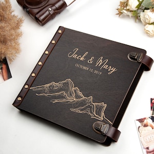 Travel Photo Album Personalized Wedding Photo Book with Self-Adhesive Sheets Mountain Lover Gift for Couple Wood Engraved Scrapbook Album