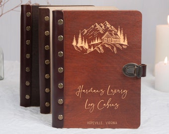 Mountain Airbnb Guest Book, Personalized Book for Guest House, Cottage Decor, Engraved Wooden Guestbook, Custom Vacation House Sign In Book