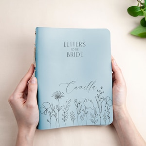 Brieven aan de bruid met wilde bloemen, iets blauws voor de bruid, aangepast leren dagboek voor vrijgezellenfeest, sierlijke bruidsdagboek