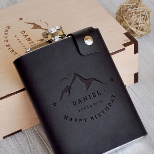 Birthday Gift Boyfriend Gift Anniversary Christmas Gift Engraved Leather Flask Christmas Gifts for Boyfriend Personalized Leather Gift