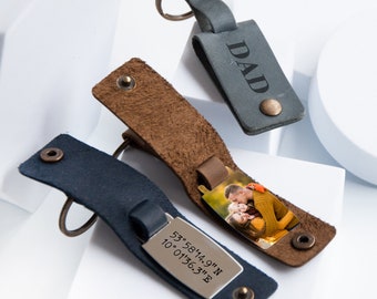 Leather Keychain with Photo & Coordinantes - Name Keychain - Birthday Gift for Him - Christmas Gift - Grandpa gift -Personalized Keychain