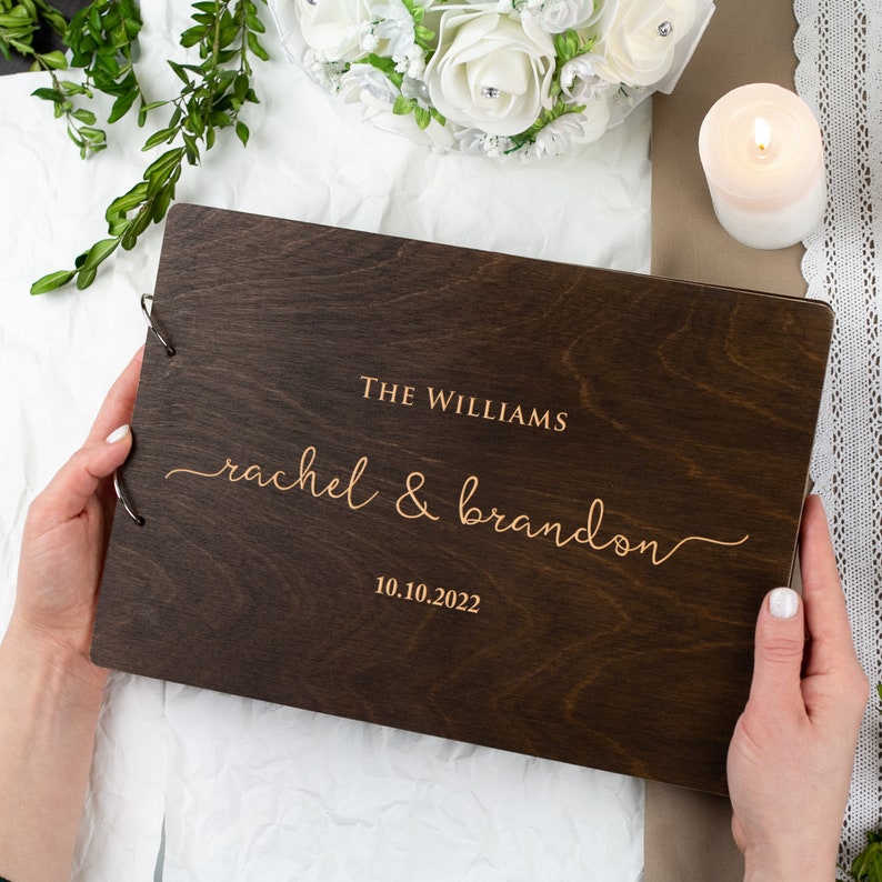 Wooden Wedding Guest Book Rustic Custom Engraved Guest Book Wood Unique Guestbook Custom Instant Photo Wedding Guest Book Personalized Album image 2