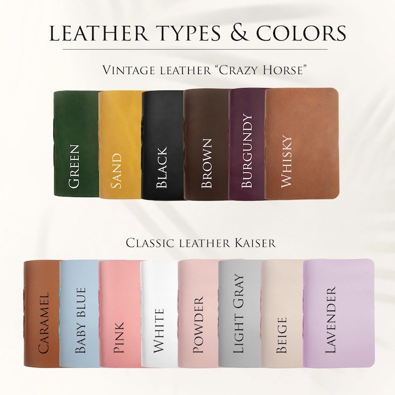 May include: A selection of leather types and colors for a notebook or journal. The top row features "Vintage Leather "Crazy Horse" in the colors green, sand, black, brown, burgundy, and whisky. The bottom row features "Classic Leather Kaiser" in the colors caramel, baby blue, pink, white, powder, light gray, beige, and lavender.