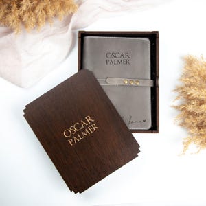 K&ouml;nnte beinhalten: Ein graues Lederjournal mit dem Namen "Oscar Palmer" auf dem vorderen Einband. Das Journal befindet sich in einer dunklen Holzkiste mit dem gleichen Namen auf dem Deckel.