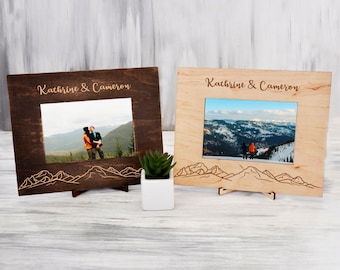 Custom Picture Frame Mountains Honeymoon Gift for Couple Personalized Photo Frame Traveler Gift Wood Picture Frame Unique Anniversary Gift