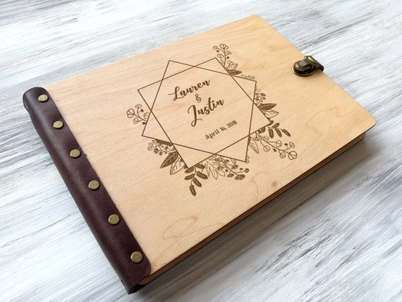 Wooden Wedding Guestbook Custom Wreath Guest Book Gift For Couple Rustic Guestbook Custom Wedding Photobook Engraved Guest Book Wedding Gift