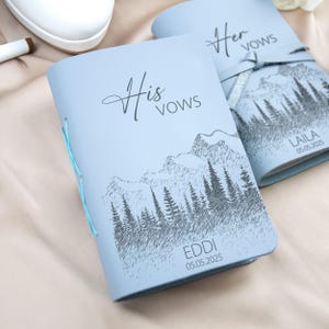 Leather Vow Books Set of 2 - Personalized Leather Wedding Journals with Mountains - Custom Wedding Vows - Bridal Shower Gifts for Couple Baby Blue