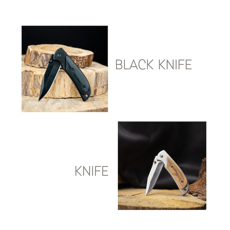 a black knife sitting on top of a piece of wood