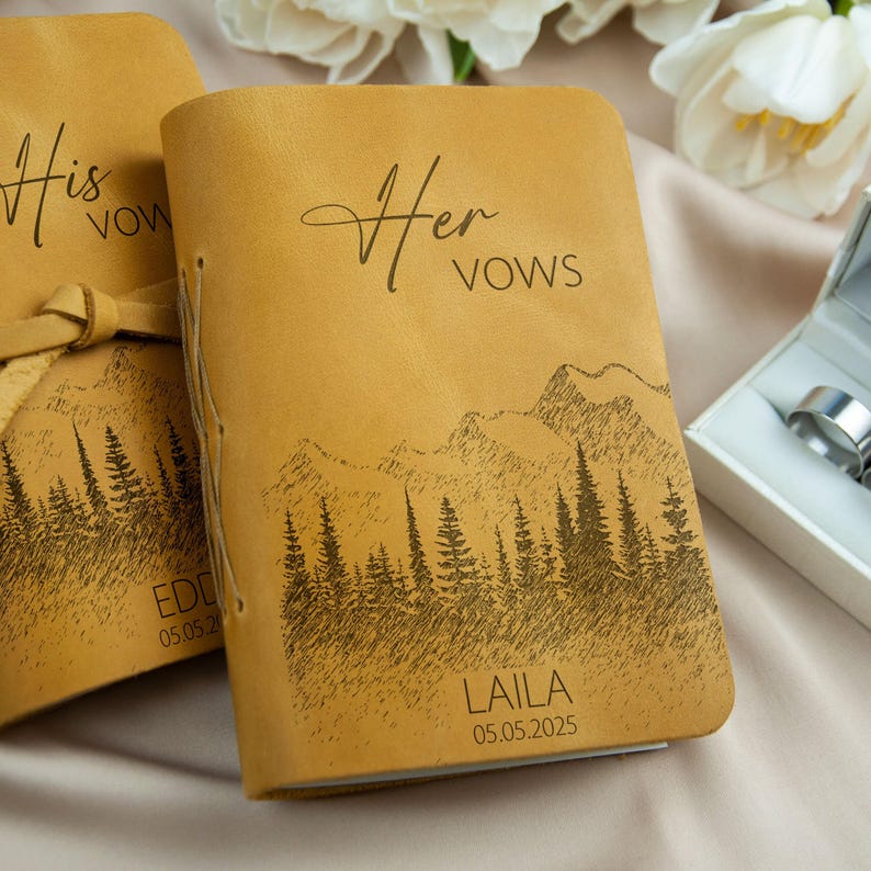 Leather Vow Books Set of 2 - Personalized Leather Wedding Journals with Mountains - Custom Wedding Vows - Bridal Shower Gifts for Couple Sand