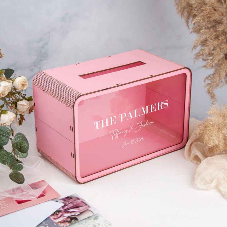 Personalized Card Box, Wedding Keepsake Box Cards & Gifts Box for Wedding Reception Decor Custom Wedding Box with Slot, Elegant Envelope Box Pink