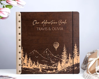 Our Adventure Book Wooden Photo Album with Self-Adhesive Sheets, Mountains Wedding Photo Album, Personalized Christmas Photo Keepsake Book