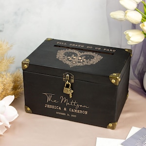 Goth Wedding Card Box - Black Wedding Envelope Box with Lock - Halloween Wedding Cards & Gifts Box - Engraved Wooden Couple Money Box