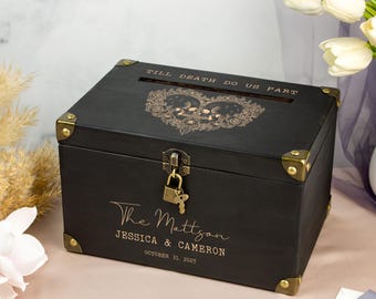 Goth Wedding Card Box - Black Wedding Envelope Box with Lock - Halloween Wedding Cards & Gifts Box - Engraved Wooden Couple Money Box