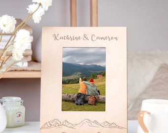 Custom Picture Frame Mountains Honeymoon Gift for Couple Personalized Photo Frame Traveler Gift Wood Picture Frame Unique Anniversary Gift