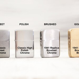 May include: Four lighters in different finishes: classic street chrome, classic high polish chrome, 1941 replica brushed chrome, and 1941 replica brushed brass.