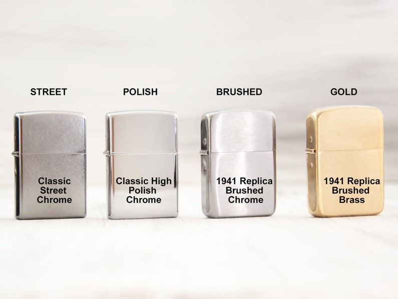 May include: Four lighters in different finishes: classic street chrome, classic high polish chrome, 1941 replica brushed chrome, and 1941 replica brushed brass.
