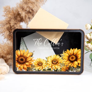 Caja de madera para tarjetas de boda con girasoles - Caja de sobre de boda personalizada para tarjetas y regalos - Caja de recuerdo de ceremonia de boda de verano con ranura