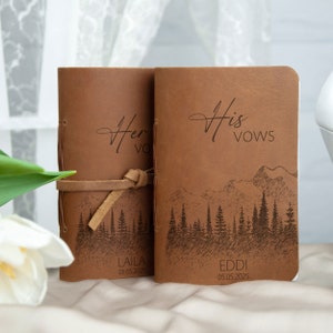 Leather Vow Books Set of 2 - Personalized Leather Wedding Journals with Mountains - Custom Wedding Vows  - Bridal Shower Gifts for Couple