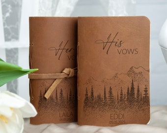 Leather Vow Books Set of 2 - Personalized Leather Wedding Journals with Mountains - Custom Wedding Vows  - Bridal Shower Gifts for Couple