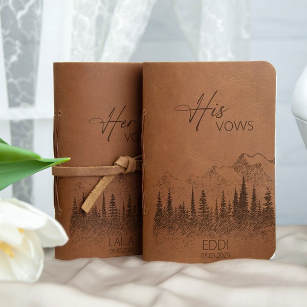 Leather Vow Books Set of 2 - Personalized Leather Wedding Journals with Mountains - Custom Wedding Vows  - Bridal Shower Gifts for Couple