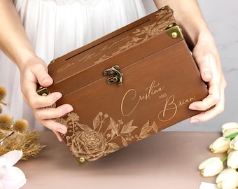 Wedding Card Box with Lock, Personalized Wedding Envelope Box with Flowers, Rustic Wedding Keepsake Box for Cards & Gifts Couple Money Box
