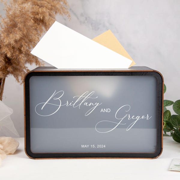 Wedding Card Box, Personalized Wooden Envelope Box for Wedding, Custom Box for Cards & Gifts with Acrylic Glass Print, Wedding Advice Box