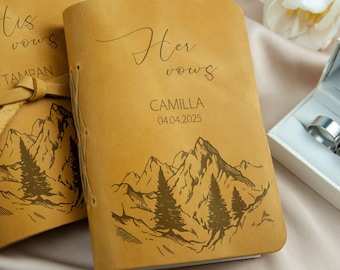 His and Her Vow Books with Mountains - Custom Vow Books Set of 2 - Personalized Leather Journals for Wedding Ceremony Outdoor Themed Wedding