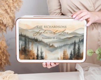 Mountains Wedding Card Box - Couple Envelope Box for Cards & Gifts - Wooden Card Box for Wedding Ceremony with Cards and Sign