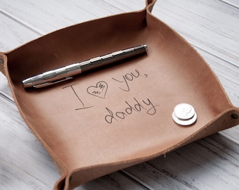 Your Handwriting Leather Tray, Christmas Gift from Kids, Engarved Leather Valet Tray, Mens Catchall, Personalized Gift for Dad of Daughter
