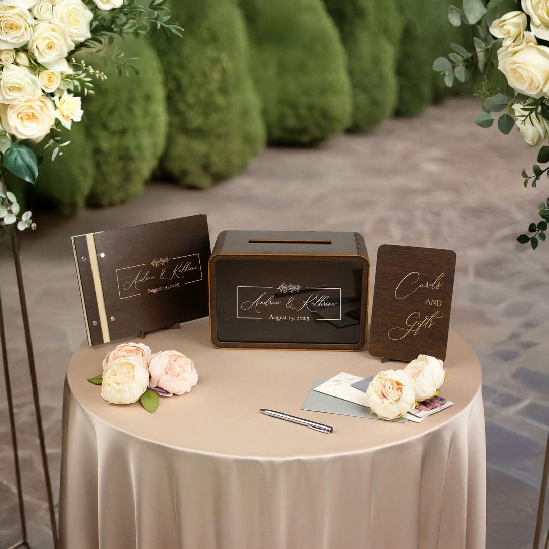 Modern Wedding Set: Personalized Card Box With Wooden Guest Book and ...