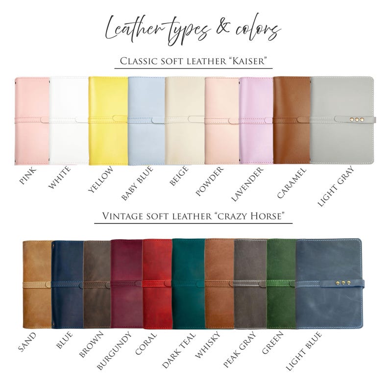 Op de afbeelding: Ledertypes en kleuren voor een planner of dagboek. De bovenste rij toont klassiek zacht leer in roze, wit, geel, babyblauw, beige, poeder, lavendel, karamel en lichtgrijs. De onderste rij toont vintage zacht leer in zand, blauw, bruin, bordeaux, koraal, donkerblauw, whisky, antraciet, groen en lichtblauw.