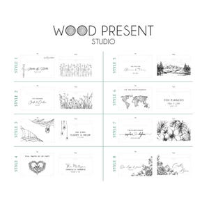 Puede incluir: Ocho estilos diferentes de letreros de madera para bodas o compromisos con ilustraciones en blanco y negro. Los letreros presentan varios dise&ntilde;os, incluyendo flores, un mapa del mundo, una calavera y un coraz&oacute;n, y una telara&ntilde;a. Cada letrero tiene espacio para un mensaje personalizado.
