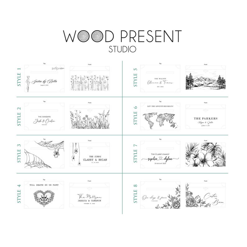 Puede incluir: Ocho estilos diferentes de letreros de madera para bodas o compromisos con ilustraciones en blanco y negro. Los letreros presentan varios dise&ntilde;os, incluyendo flores, un mapa del mundo, una calavera y un coraz&oacute;n, y una telara&ntilde;a. Cada letrero tiene espacio para un mensaje personalizado.
