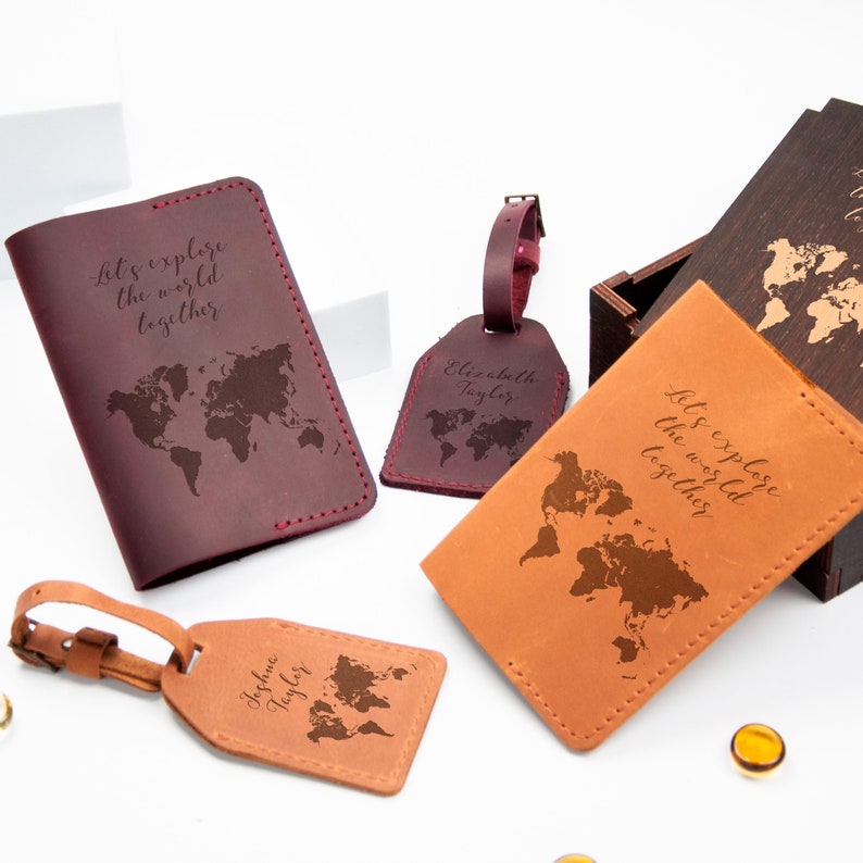 Anniversary Travel Gifts Couple Travel Gift Set World Map Leather Travel Wallet Personalized Passport Holder Luggage Tag Mr and Mrs Gifts image 1