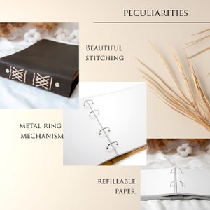 Pode incluir: Um di&aacute;rio encadernado em couro marrom com um mecanismo de argolas de metal e costuras brancas. O di&aacute;rio tem papel recarreg&aacute;vel e &eacute; mostrado aberto com p&aacute;ginas em branco.