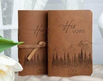 Lot de 2 livres de vœux en cuir - carnets de mariage en cuir personnalisés avec montagnes - vœux de mariage personnalisés - cadeaux de shower de bébé pour un couple