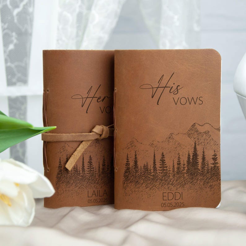Leather Vow Books Set of 2 - Personalized Leather Wedding Journals with Mountains - Custom Wedding Vows - Bridal Shower Gifts for Couple Whisky