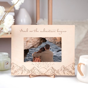 Personalized Photo Frame Gift for Travelers And So the Adventures Begin Mountain Picture Frame Engraved Frame Birthday Gift Wood Home Decor