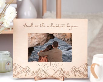 Personalized Photo Frame Gift for Travelers And So the Adventures Begin Mountain Picture Frame Engraved Frame Birthday Gift Wood Home Decor