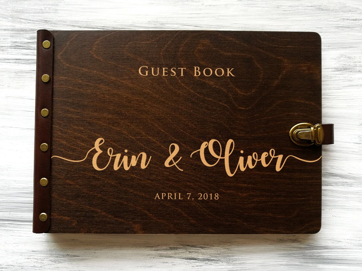 established date engraved wood custom wedding guest book alternative wooden personalized last name sign rustic wedding reception decor